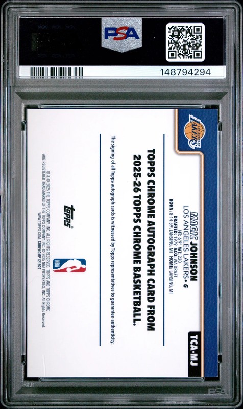 2025 Topps Chrome Autographs Magic Johnson #TCA-MJ Purple Refractor /75 PSA 9 view 2