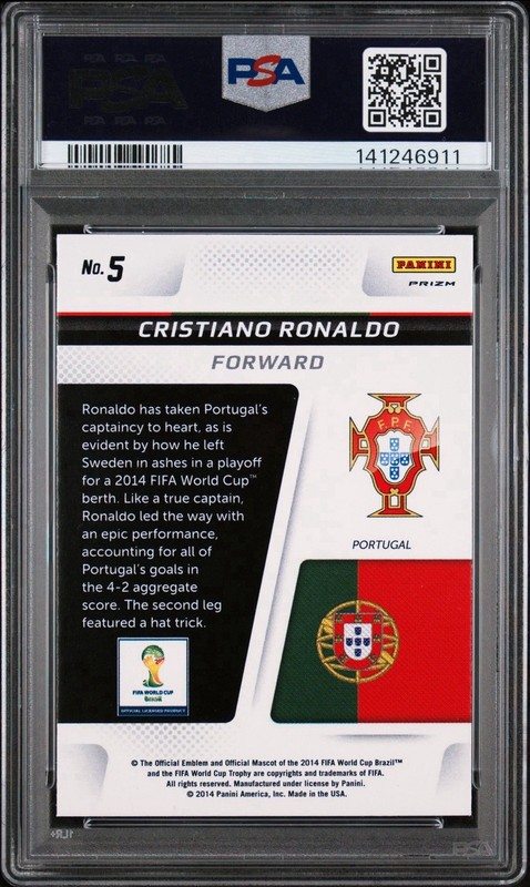 2014 Panini Prizm World Cup Captains Cristiano Ronaldo #5 Red White & Blue PSA 9 view 2