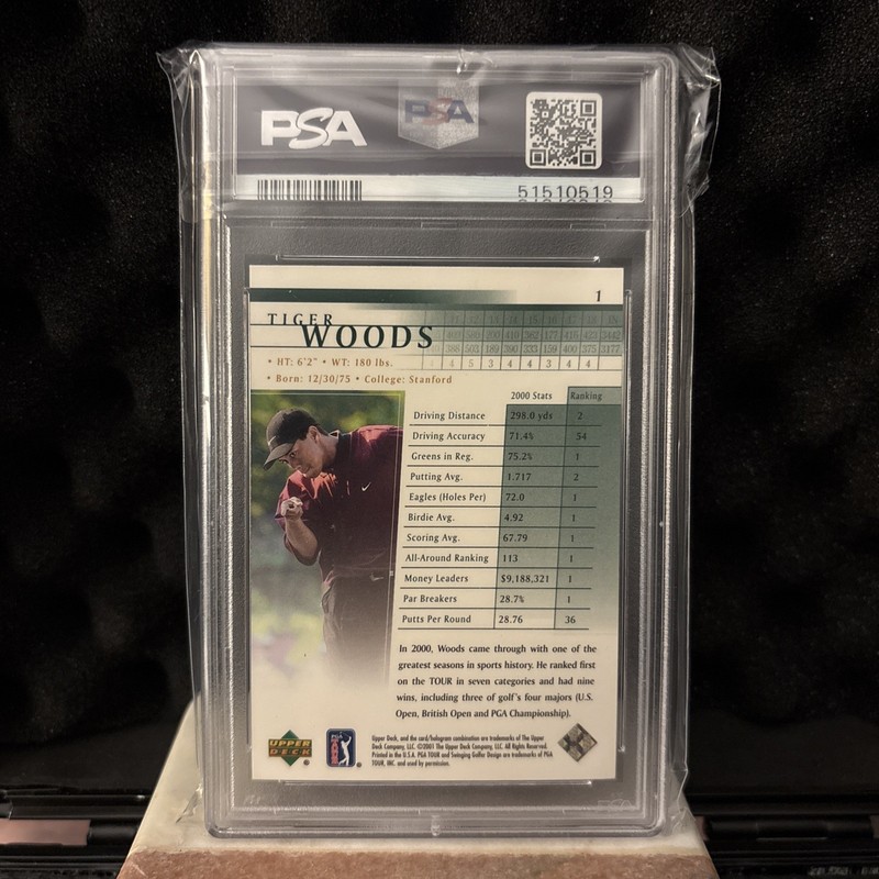2001 Upper Deck Golf - Tiger Woods #1 - PSA 8 view 2
