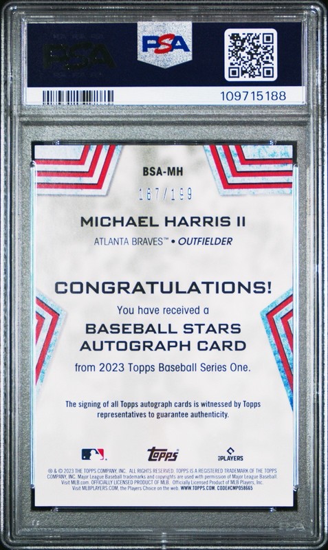 2023 Topps Series 1 Michael Harris Baseball Stars Red Auto /199 PSA 9 Rookie RC view 2