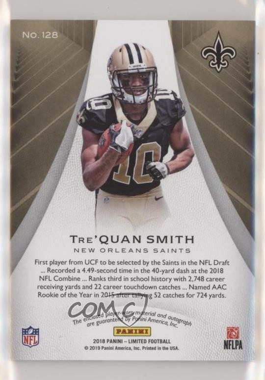 2018 Panini Limited 49/199 Tre'Quan Smith #128 RPA Rookie Patch Auto RC 4l3 view 2
