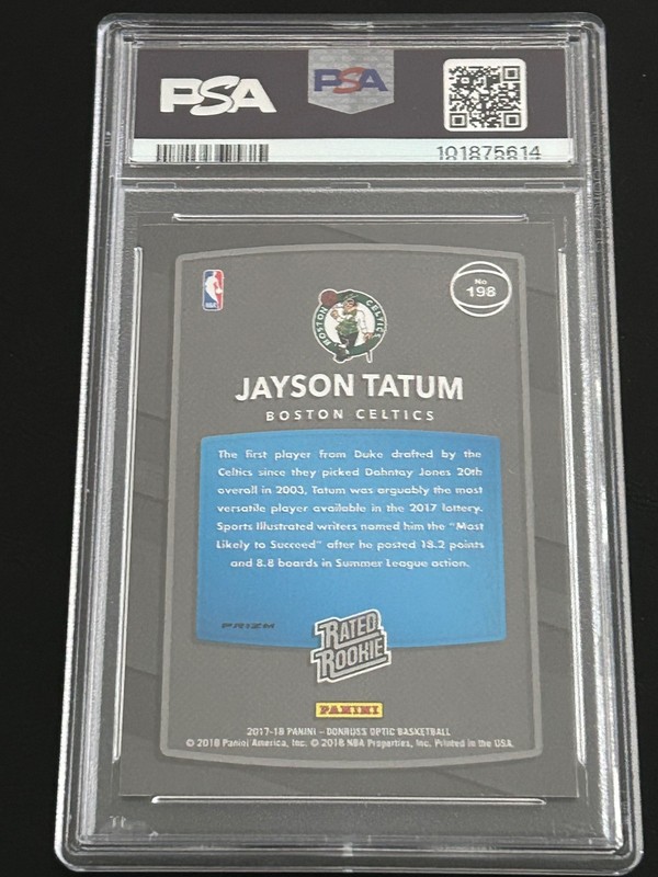 2017 Panini Donruss Optic Jayson Tatum Blue Velocity Rated Rookie RC #198 PSA 8 view 2