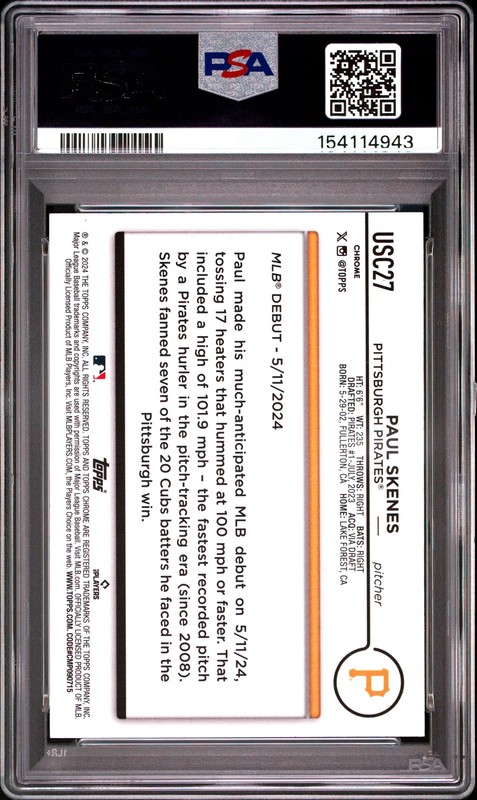 2024 Topps Chrome Update Paul Skenes #USC27 PSA 9 X-Fractor Rookie RC view 2