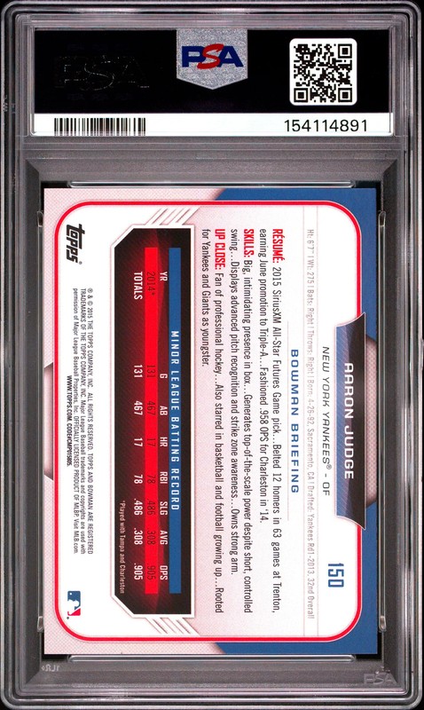 2015 Bowman Draft Aaron Judge #150 PSA 10 Yankees Pre Rookie view 2