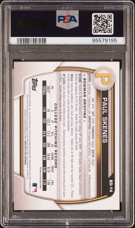 PAUL SKENES 1st 2023 Bowman Draft Paper PIRATES Rookie Card RC PSA 10 GEM MINT view 2