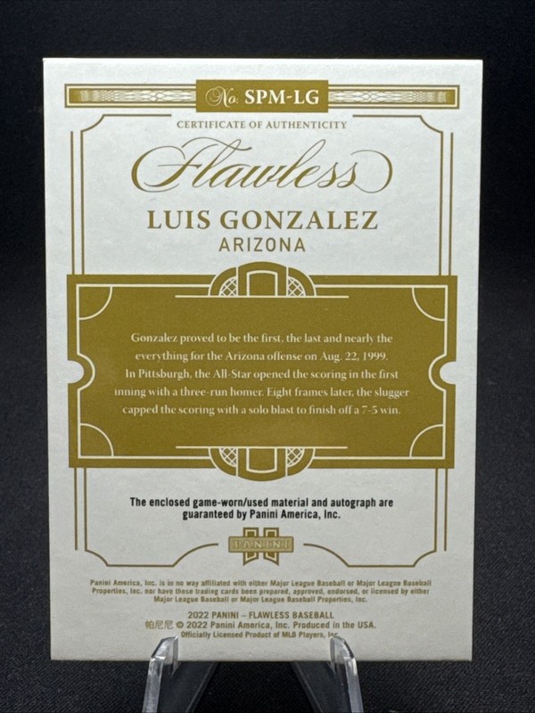 2022 Panini Flawless Luis Gonzalez Auto /15 Signature Prime Materials view 2
