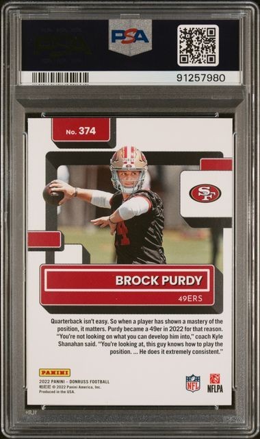 2022 Panini Donruss Brock Purdy #374 PSA 9 Rated Rookie view 2