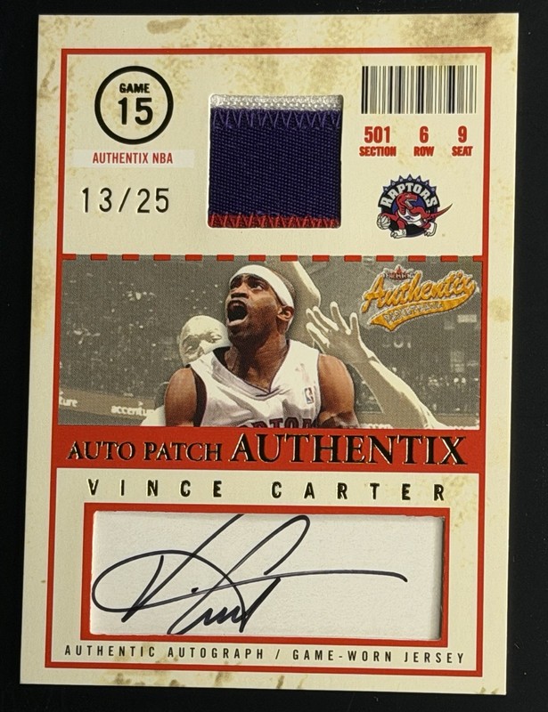 2004-05 Fleer Authentix Vince Carter Game-Worn 3-Color Patch Auto 13/25 HOF