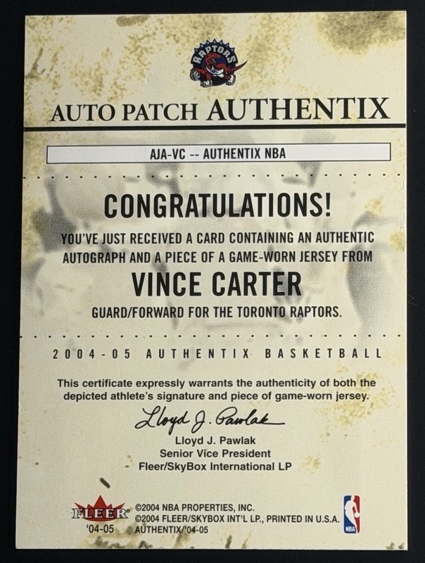 2004-05 Fleer Authentix Vince Carter Game-Worn 3-Color Patch Auto 13/25 HOF view 2