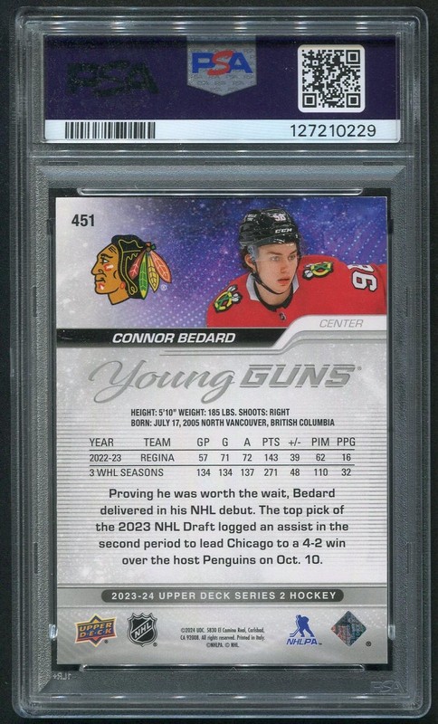 2023/24 Upper Deck Hockey #451 Connor Bedard Young Guns Rookie PSA 9 (MINT) view 2