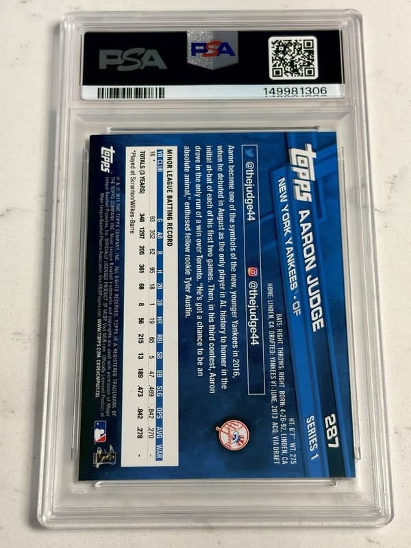 2017 TOPPS #287 AARON JUDGE Rookie Card RC PSA 9 MINT view 2