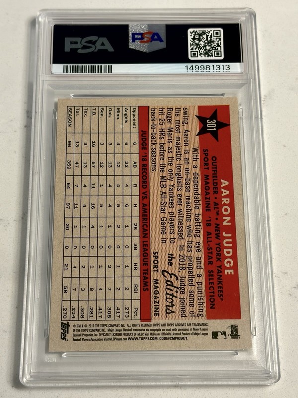 2019 TOPPS ARCHIVES #301 AARON JUDGE PSA 10 GEM MINT LOW POP view 2