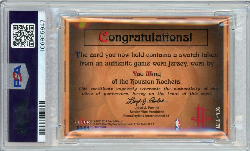 2003 Flair World Leaders Game Used Worn Yao Ming #WL-YM PSA 7 Jersey Patch view 2