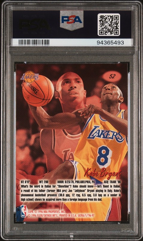 1996-97 Fleer Ultra - Kobe Bryant #52 PSA 8 NM-MT (RC) | Los Angeles Lakers view 2