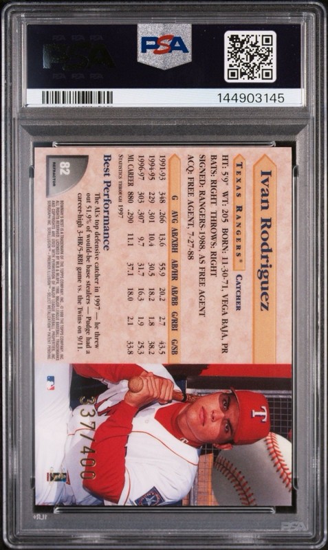 1998 Bowman's Best Ivan Rodriguez #82 Refractor /400 PSA 9 view 2