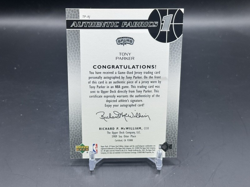 2003 SP Game Used Authentic Frabrics Tony Parker Patch Auto /100 HOF view 2