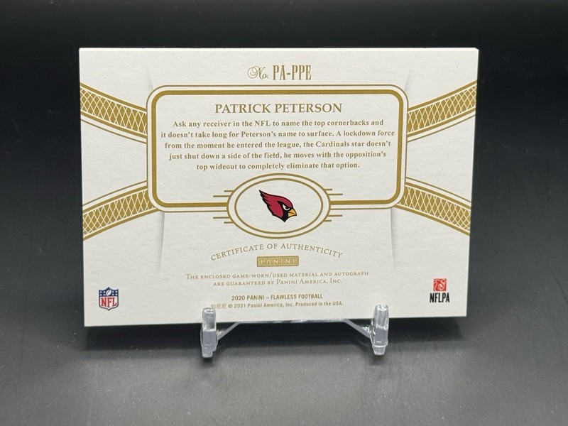 2020 Panini Flawless Football Patrick Peterson Platinum 1/1 Patch Auto Cardinals view 2