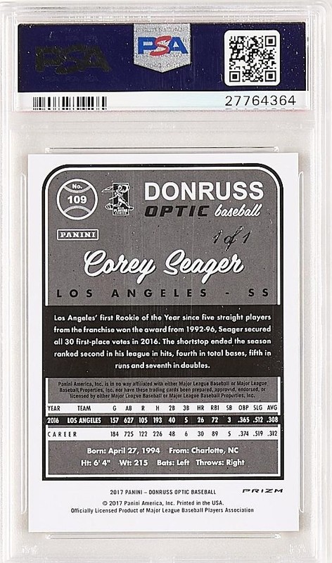 PSA 10 2017 Panini Donruss Optic #109 COREY SEAGER Gold Vinyl Superfractor 1/1 view 2