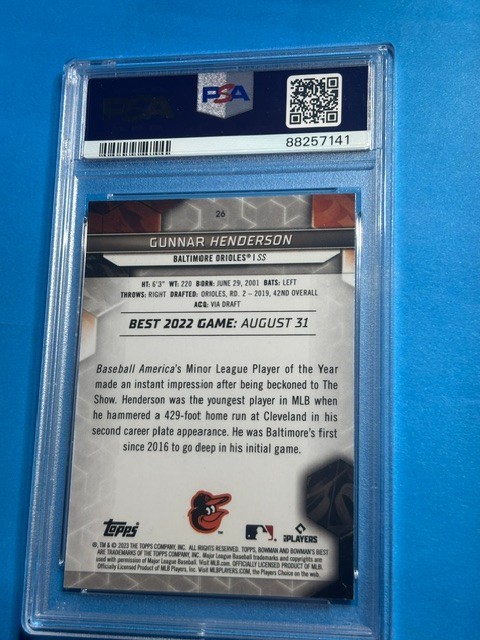 2023 BOWMAN'S BEST  #26 GUNNAR HENDERSON ROOKIE RC PSA 9 view 2