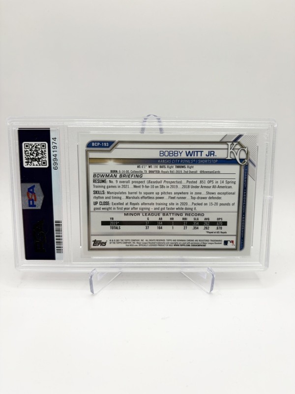 BOBBY WITT JR 2021 Bowman Chrome Gold Refractor /50 PSA 9 #BCP193 Royals view 2