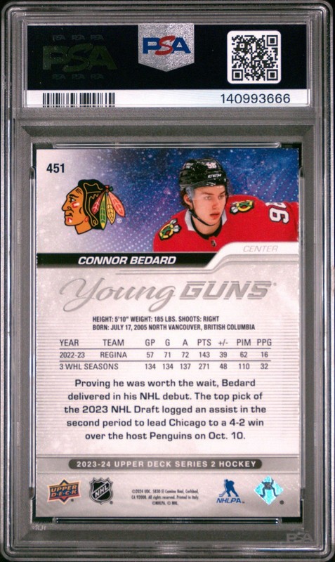 2023-24 Upper Deck Series 2 - Connor Bedard #451 Rookie Card PSA 9 view 2