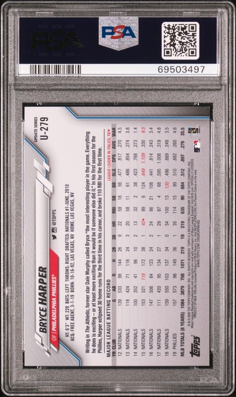 2020 Topps Update - Bryce Harper #U279 - SSP Image Variation - PSA 9 Mint view 2