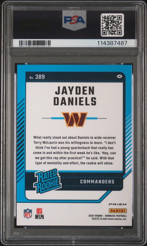 2024 Panini Donruss Jayden Daniels #389 PSA 10 Red Wave Rated Rookie RC view 2