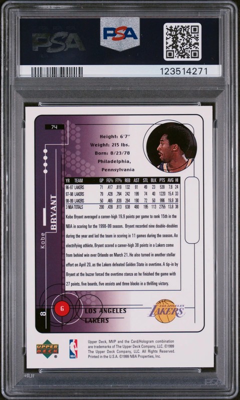 1999 Upper Deck MVP Kobe Bryant #74 PSA 9 view 2