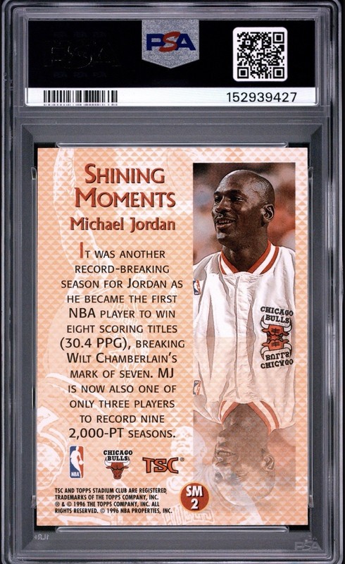 1996 TOPPS STADIUM CLUB SHINING MOMENTS #SM2 MICHAEL JORDAN PSA 8 view 2