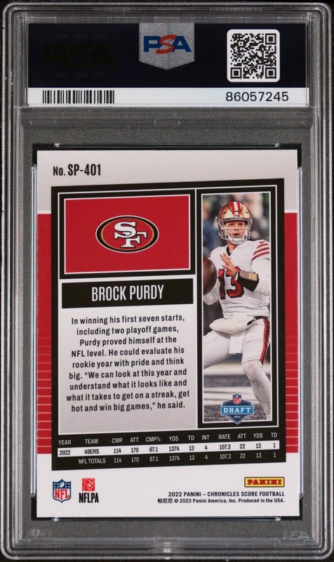 2022 Panini Chronicles Brock Purdy #SP-401 Score Premium Rookie Rookie PSA 9 view 2