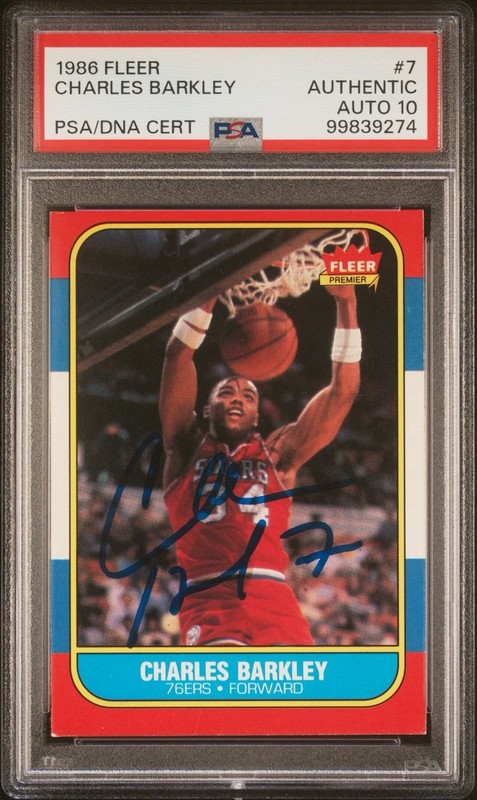 CHARLES BARKLEY SIGNED 1986 FLEER ROOKIE BASKETBALL CARD 76ERS PSA/DNA AUTO 10