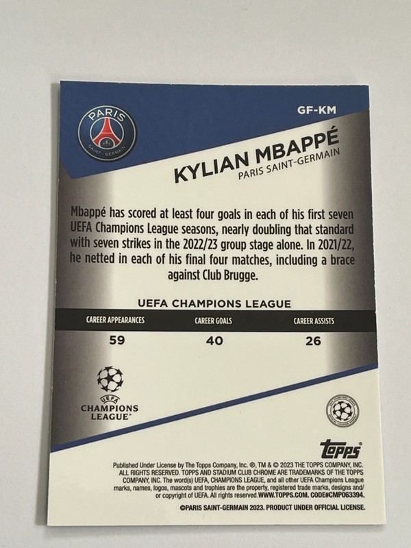 2022-23 Topps Stadium Club Chrome UEFA PSG Kylian Mbappe Goal Force #GF-KM view 2