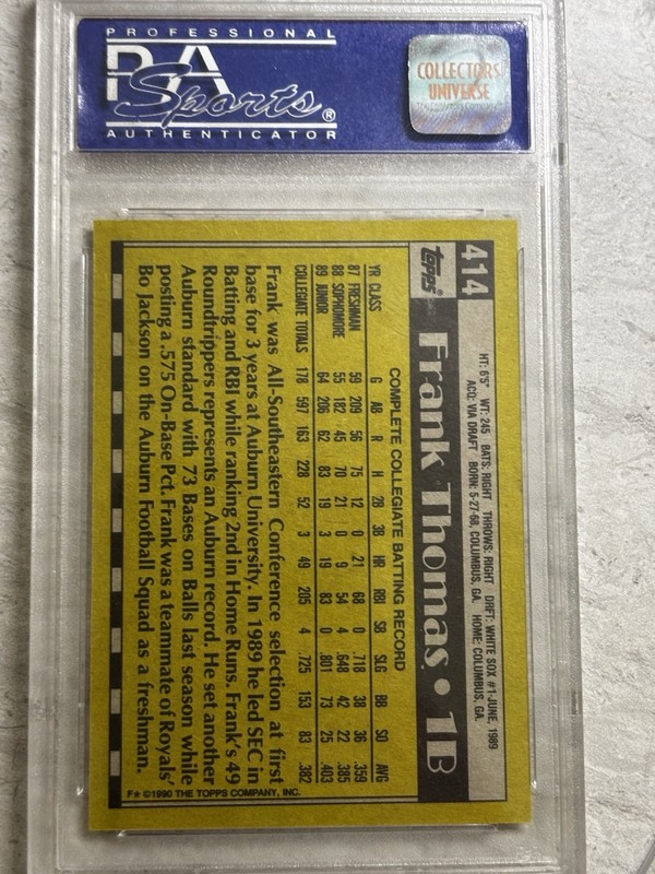 1990 TOPPS NAME ON FRONT #414 FRANK THOMAS ROOKIE RC PSA 8 view 2