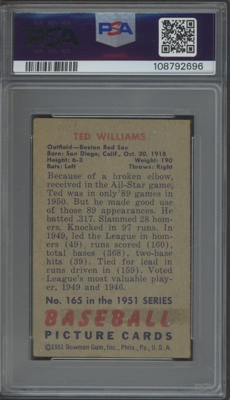 1951 Bowman Baseball #165 Ted Williams VG EX PSA 4 view 2