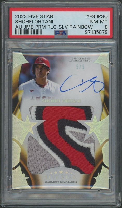 2023 Topps Five Star Shohei Ohtani Silver Rainbow Jumbo Patch Auto #5/5 PSA 8