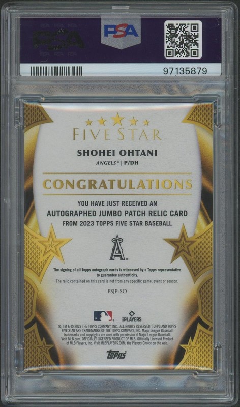 2023 Topps Five Star Shohei Ohtani Silver Rainbow Jumbo Patch Auto #5/5 PSA 8 view 2