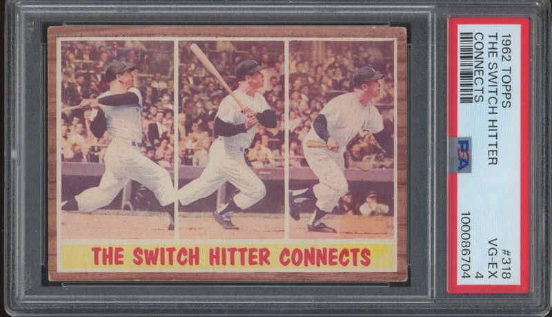 1962 Topps Baseball #318 The Switch Hitter Connects Mickey Mantle VG EX PSA 4
