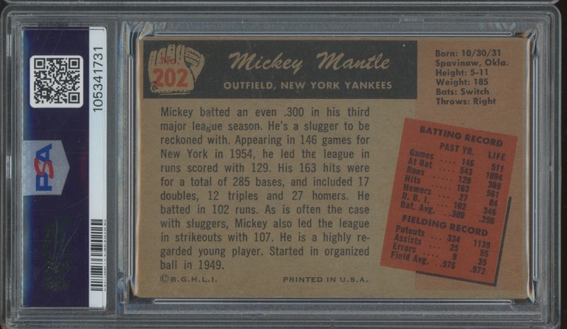 1955 Bowman Baseball #202 Mickey Mantle PR PSA 1 view 2