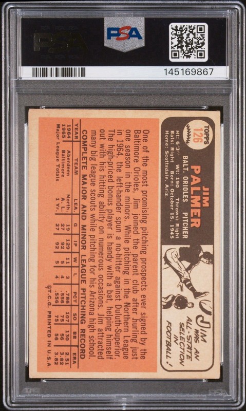 1966 TOPPS #126 JIM PALMER ROOKIE RC PSA 3 DNA AUTO 8 view 2
