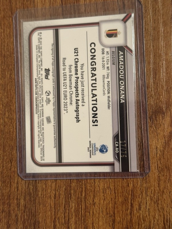 2022-23 Bowman Chrome Road to UEFA U21 Championship - Amadou Onana - Auto /25 view 2