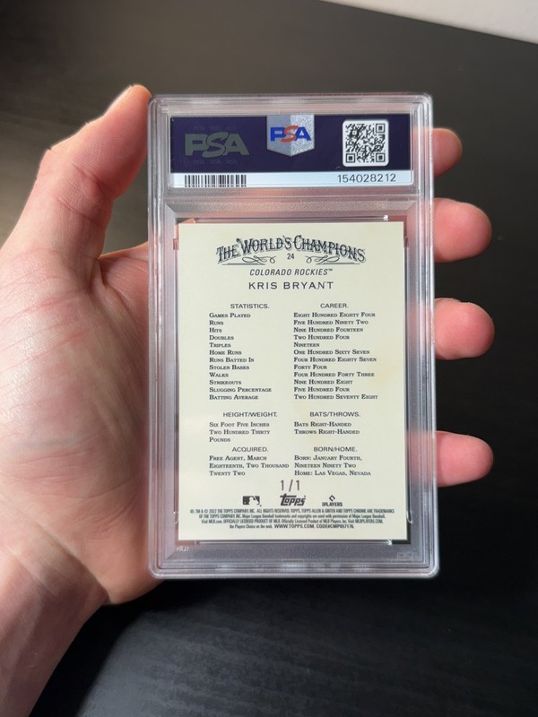 2022 Topps Allen & Ginter Chrome #24 Kris Bryant 1/1 Superfractor PSA Graded view 2