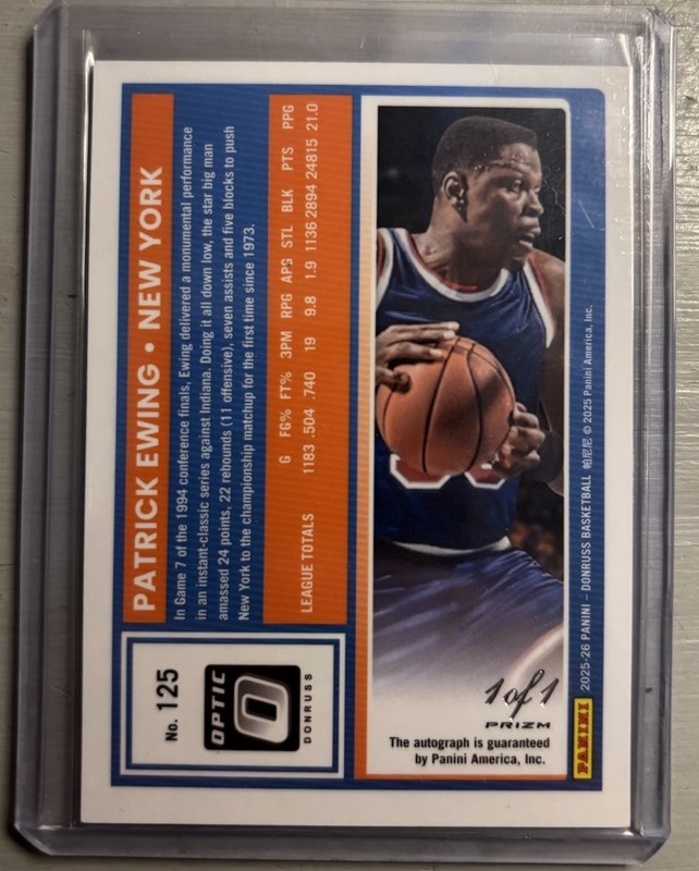 25/26 Panini Donruss Patrick Ewing Optic Gold Vinyl Auto Prizm SP #d 1/1 Knicks view 2