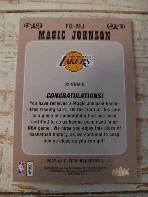 Magic Johnson 2007-08 Fleer Feel The Game Used Jersey Card Lakers FG-MJ view 2