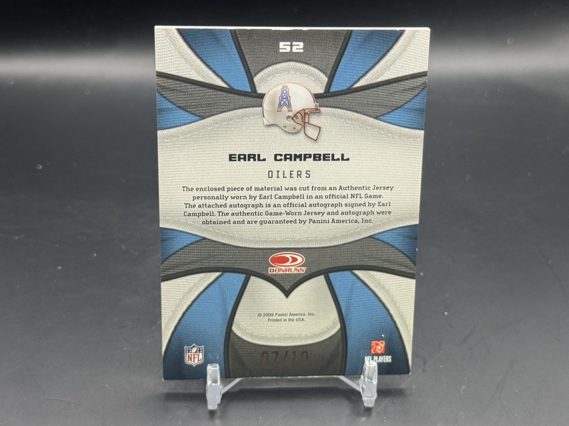 2009 Panini Certified Earl Campbell Game Worn Prime Patch Auto /10 Oilers view 2