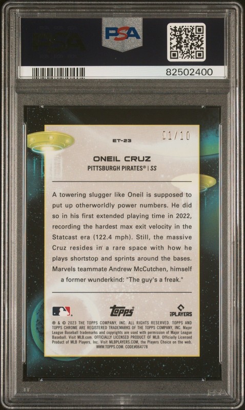 Oneil Cruz 2023 Topps Cosmic Extraterrestrial Talent Black Eclipse 1/10 PSA 10 view 2