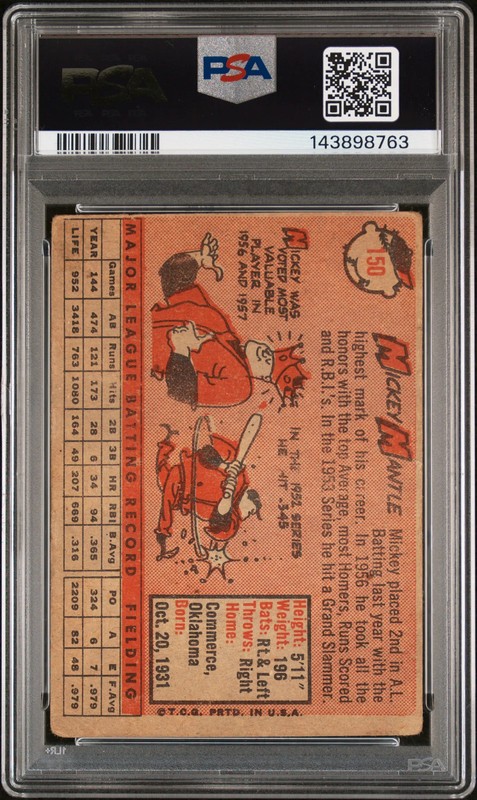 1958 Topps Mickey Mantle #150 PSA 1.5 Vintage Baseball Yankees HOF view 2