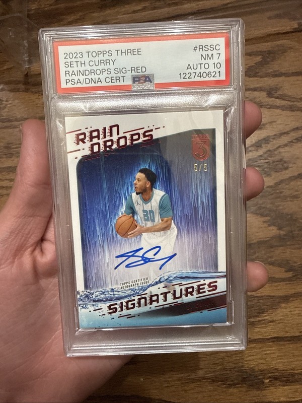 2023 TOPPS THREE SETH CURRY RAINDROPS SIG-RED 5/5 PSA NM 7 AUTO 10