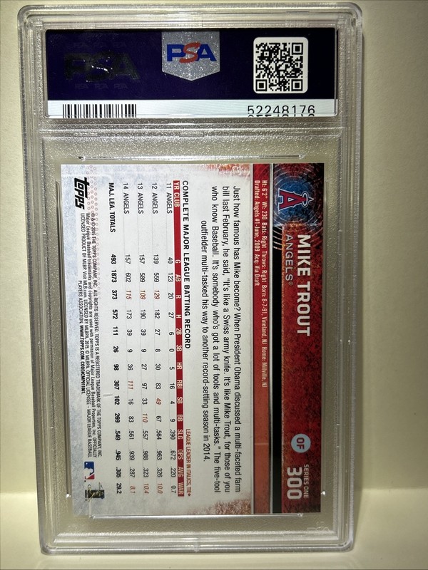 2015 Topps #300 Mike Trout No Sparkle on Helmet PSA 9 Angels view 2