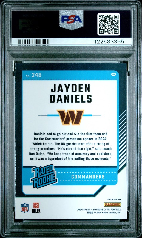 2024 Panini Donruss Optic Jayden Daniels #248 PSA 10 Green Velocity Rookie view 2
