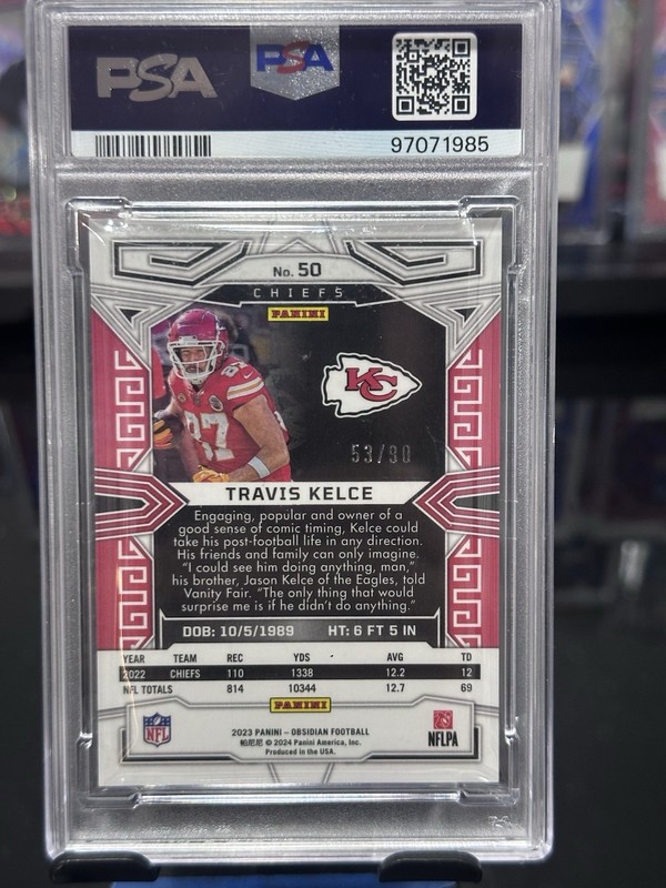 2023 Panini Obsidian Equinox Travis Kelce Asia Red Flood Electric  /99 PSA 10 view 2